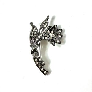 Vintage 80's Flower Brooch Rhinestones Crystal Gunmetal - 2.25 inches